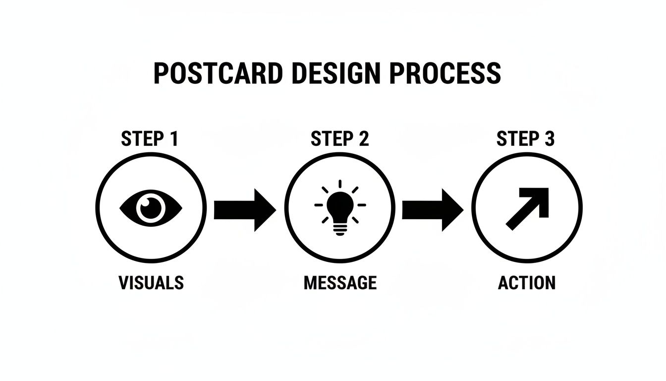 Infographic showing a 3-step postcard design process: Visuals, Message, Action, connected by arrows.