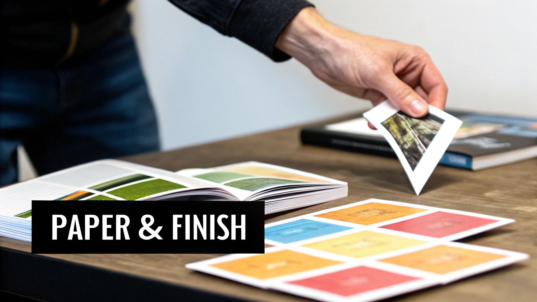 A person's hand holds a small printed photo, examining print samples and books on a wooden table.