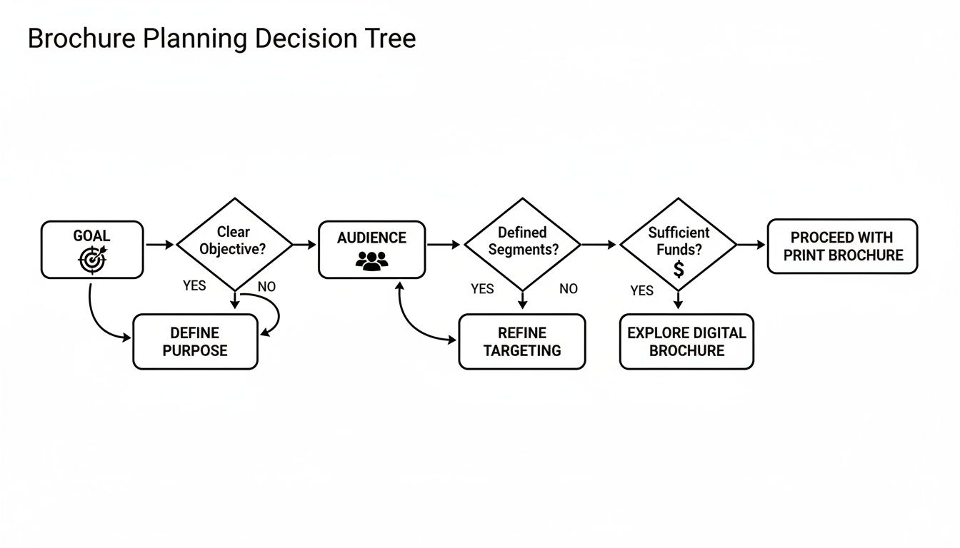 Flowchart outlining a brochure planning decision tree, guiding from goal setting to print or digital brochure choice.