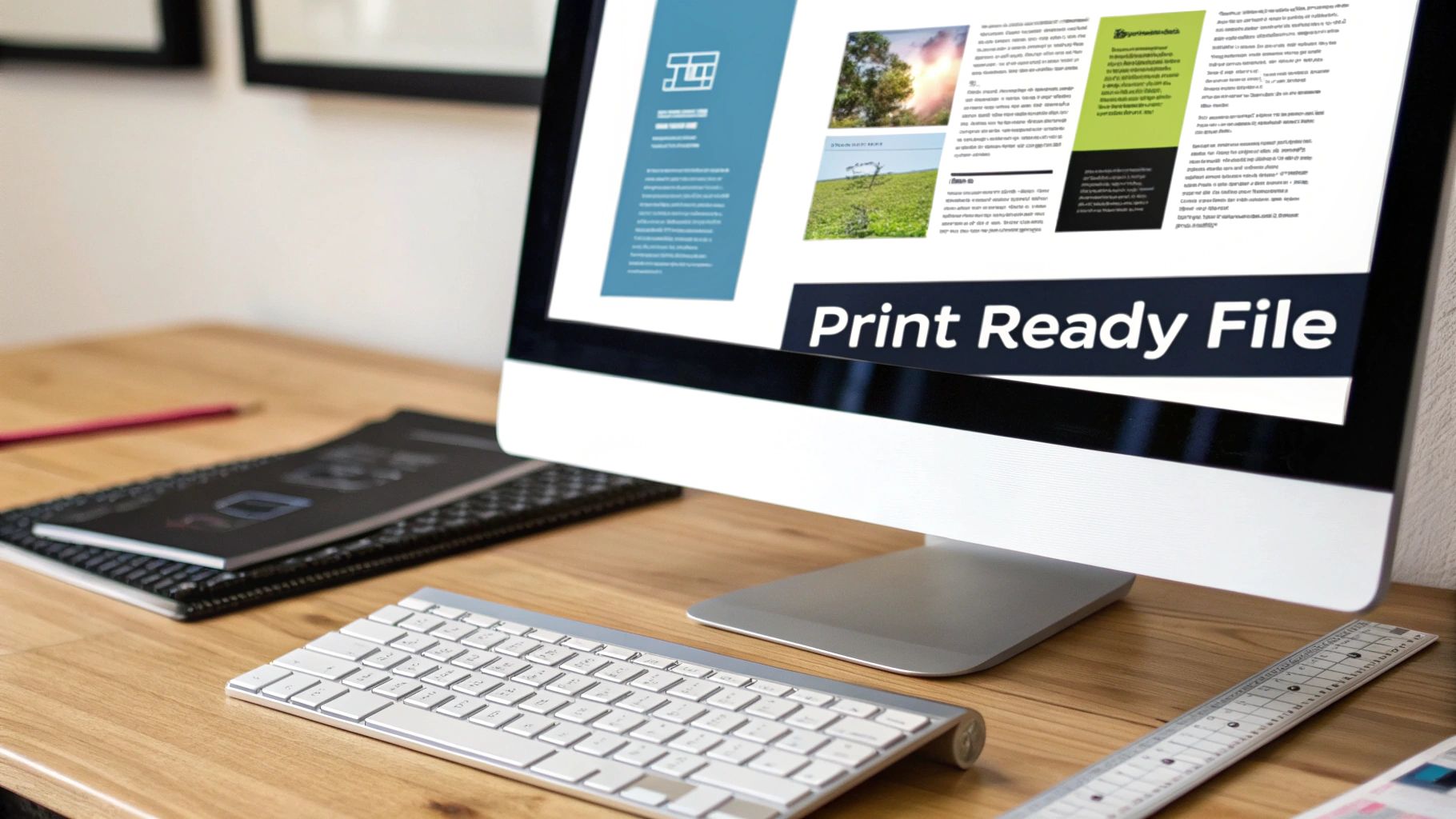 A desktop monitor displays a 'Print Ready File' brochure design, surrounded by a keyboard, ruler, and notebooks.