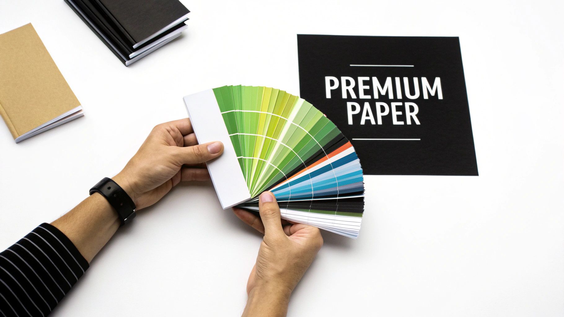 Hands holding a color swatch book over a white desk with notebooks and a 'Premium Paper' sign.