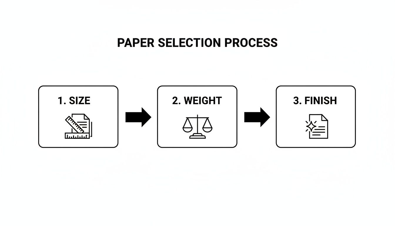 A three-step infographic outlining the paper selection process: 1. Size, 2. Weight, and 3. Finish, each with a relevant icon.