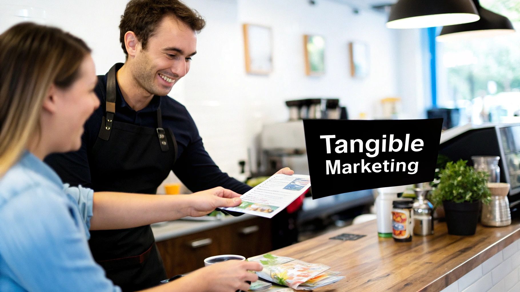 A smiling barista hands a flyer to a female customer at a counter, promoting tangible marketing.