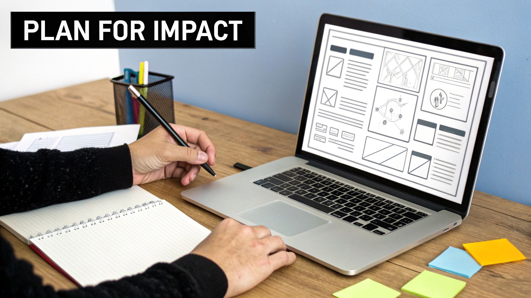 A person is sketching ideas in a notebook at a desk with a laptop displaying UI wireframes and a 'PLAN FOR IMPACT' banner.