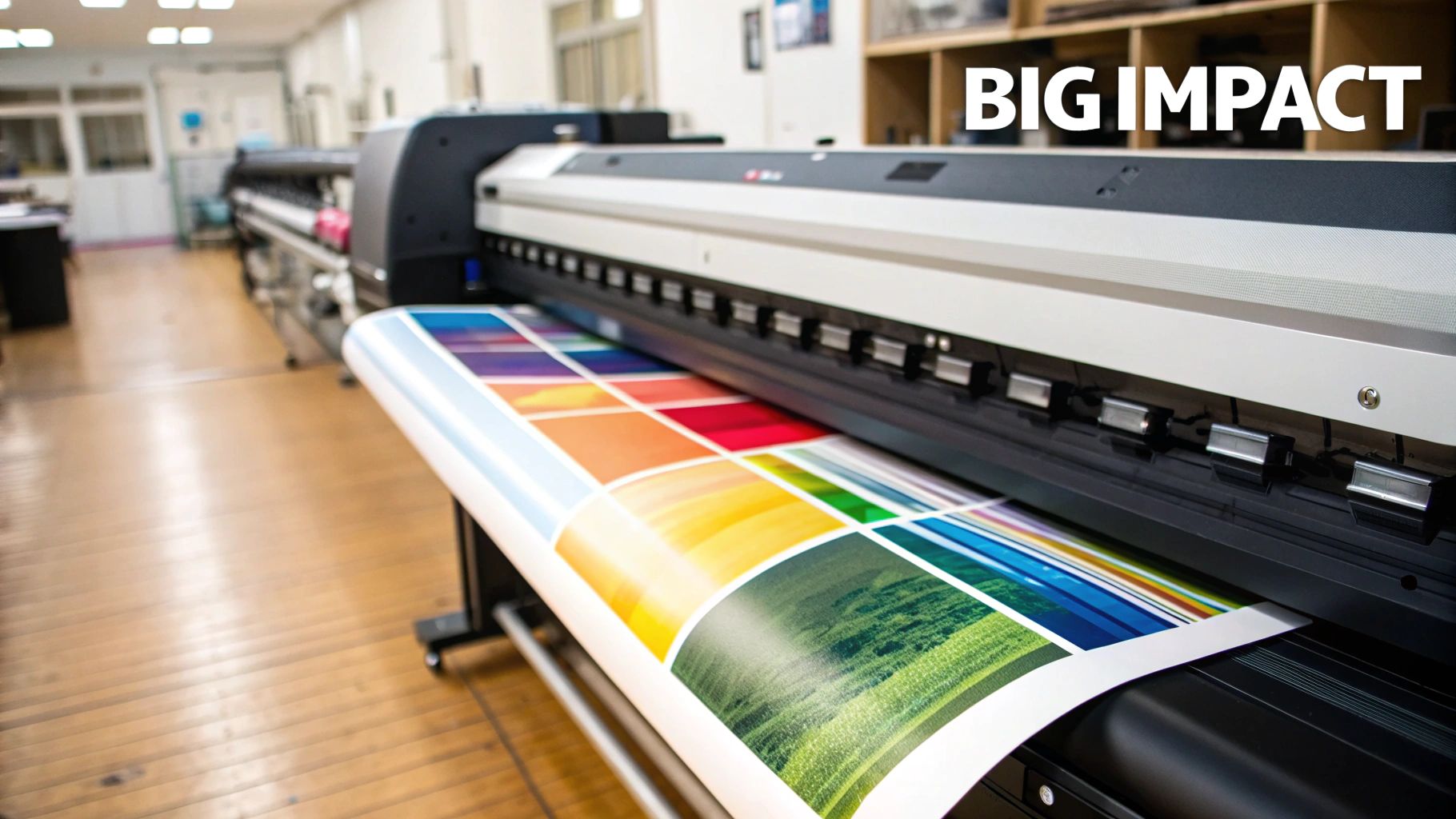 A large format printer actively prints a colorful sheet with various images and color swatches in an industrial setting.