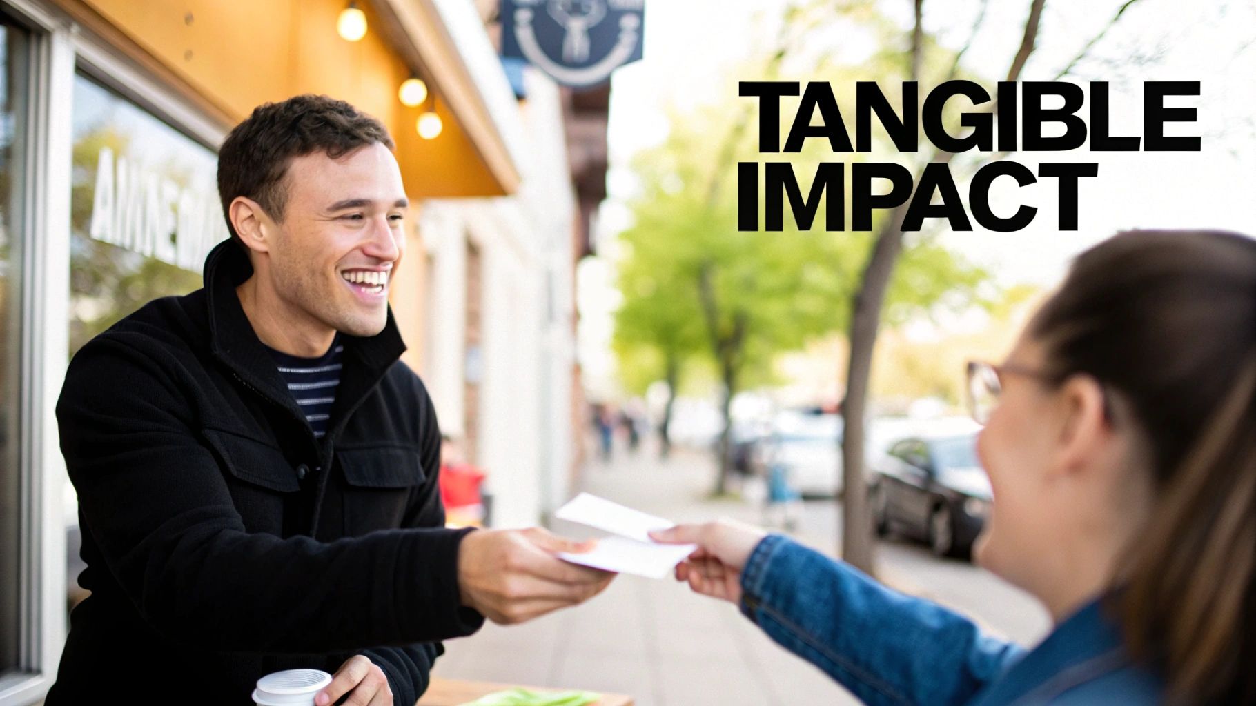 A smiling man hands white flyers to a woman outdoors, with 'TANGIBLE IMPACT' text.