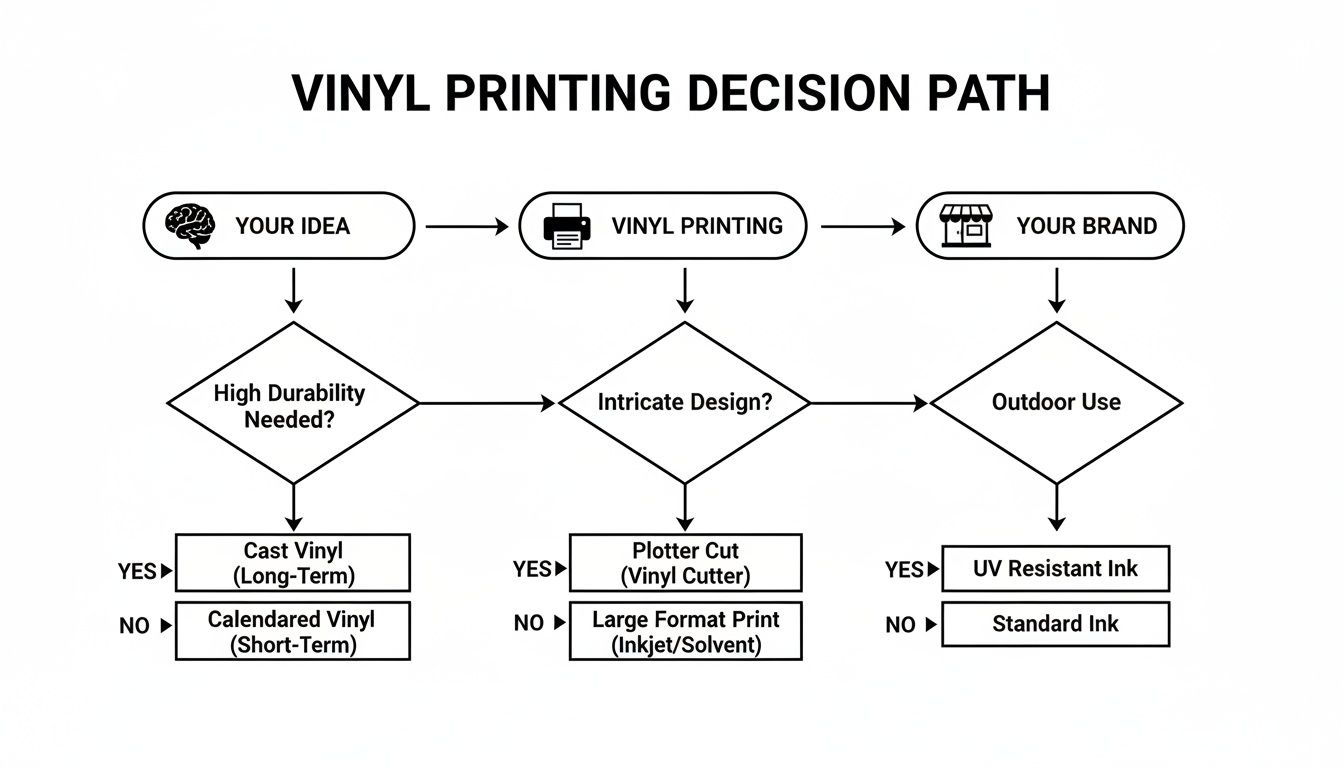 Flowchart outlining the vinyl printing decision path based on durability, design, and outdoor use.