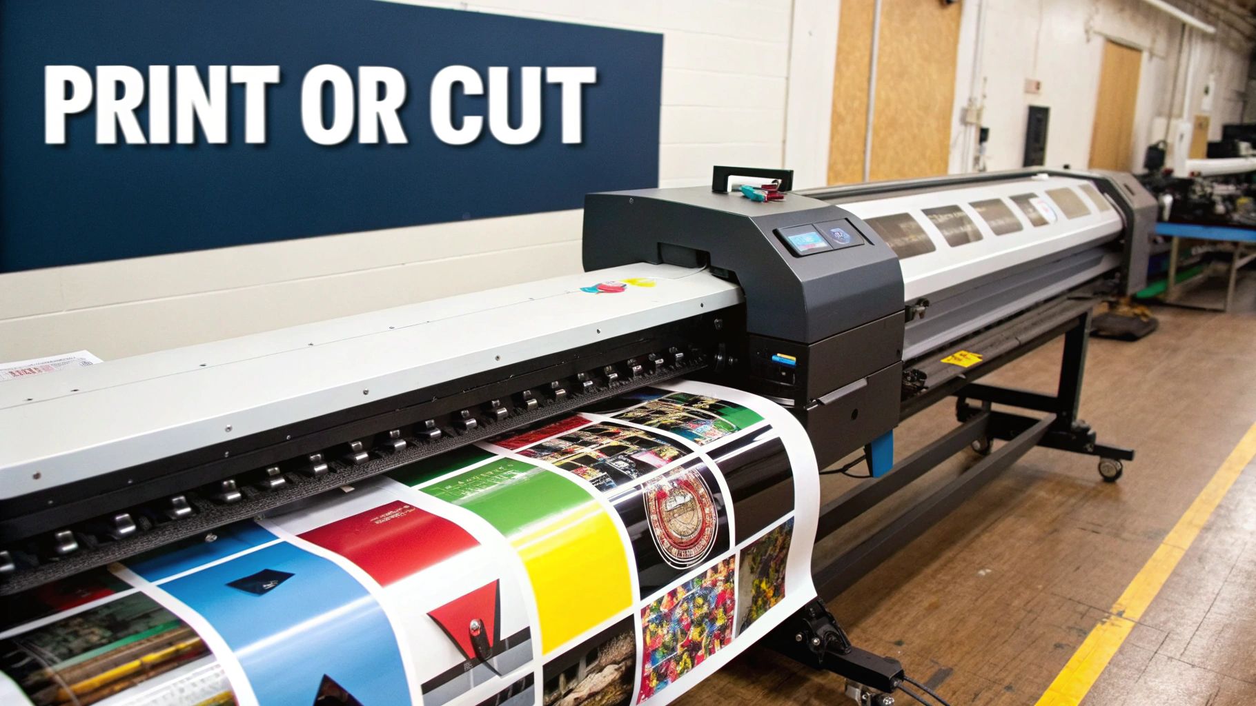 A large format printer actively printing colorful designs on a roll of vinyl in a workshop.