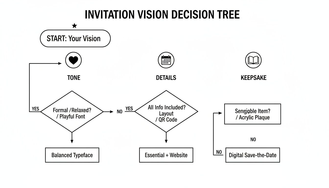A flowchart titled 'Invitation Vision Decision Tree' guiding choices for invitation tone, details, and keepsakes.