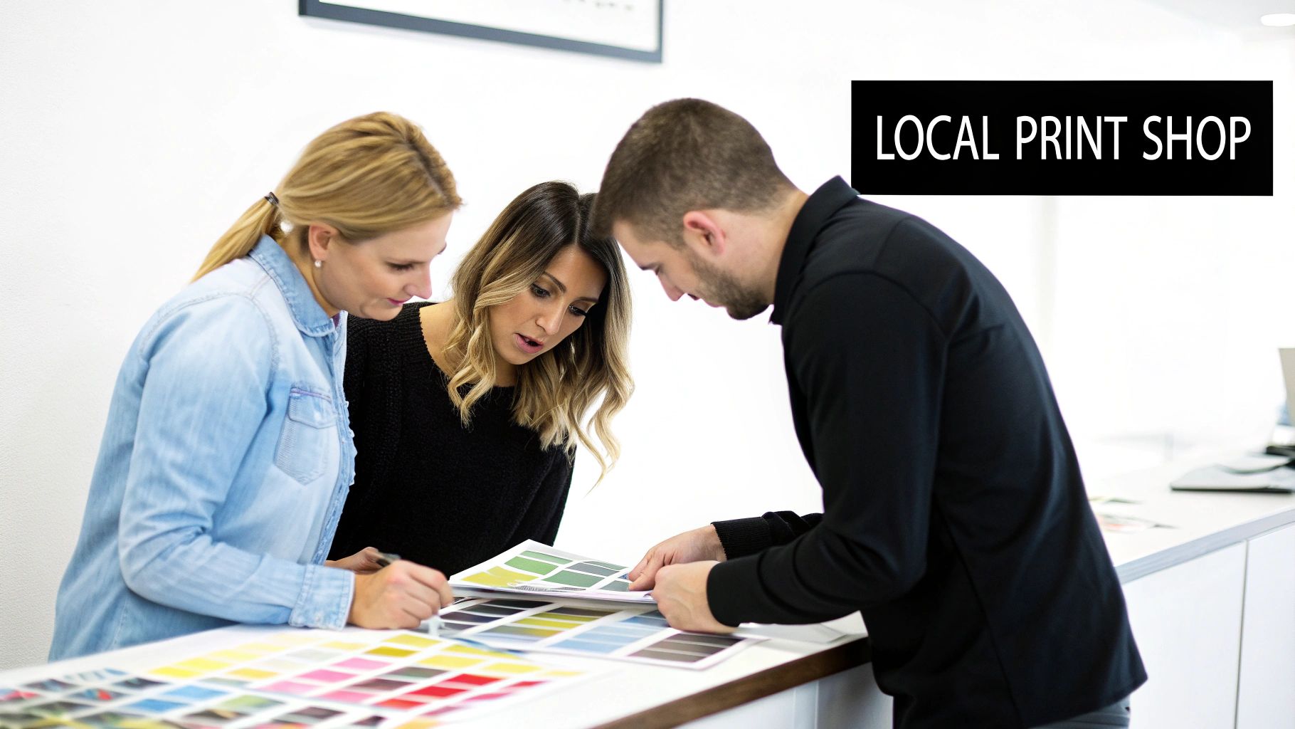 Customers review color options with an employee at a local printing service counter.