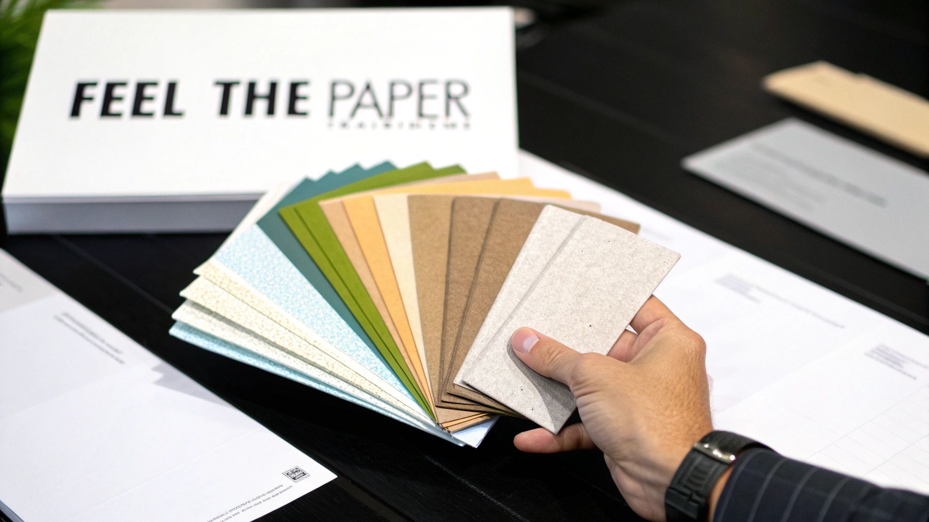 Person holding a fan of colorful paper samples, showcasing various textures with a 'FEEL THE PAPER' box.