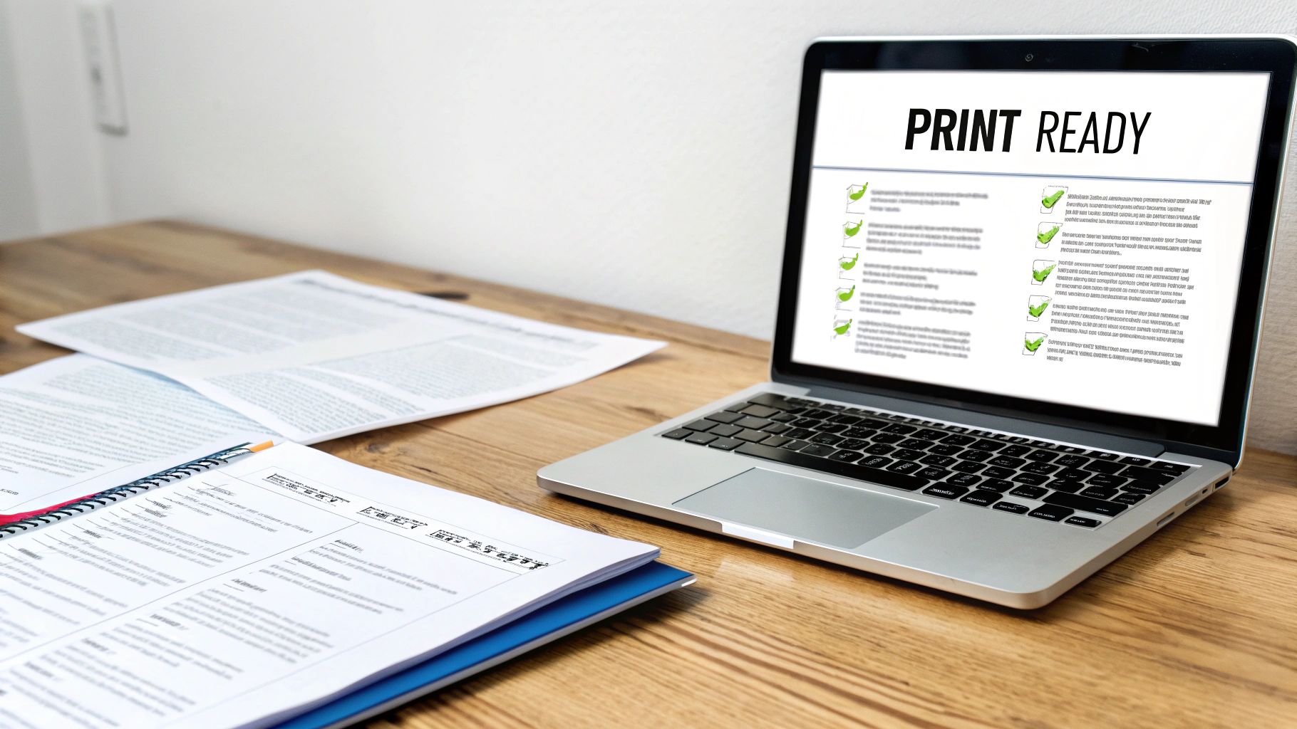 Laptop screen displaying 'PRINT READY' checklist, with documents and notebook on a wooden desk.