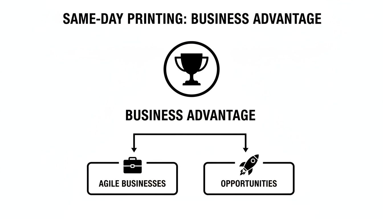 A diagram illustrates same-day printing's business advantages, showing it fosters agile businesses and new opportunities.