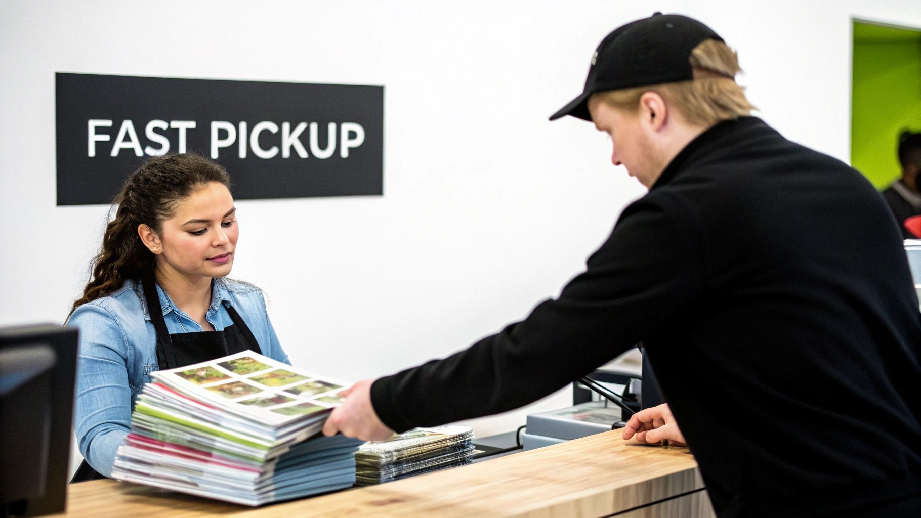 Employee behind counter hands a stack of colorful brochures to a customer at a fast pickup station.