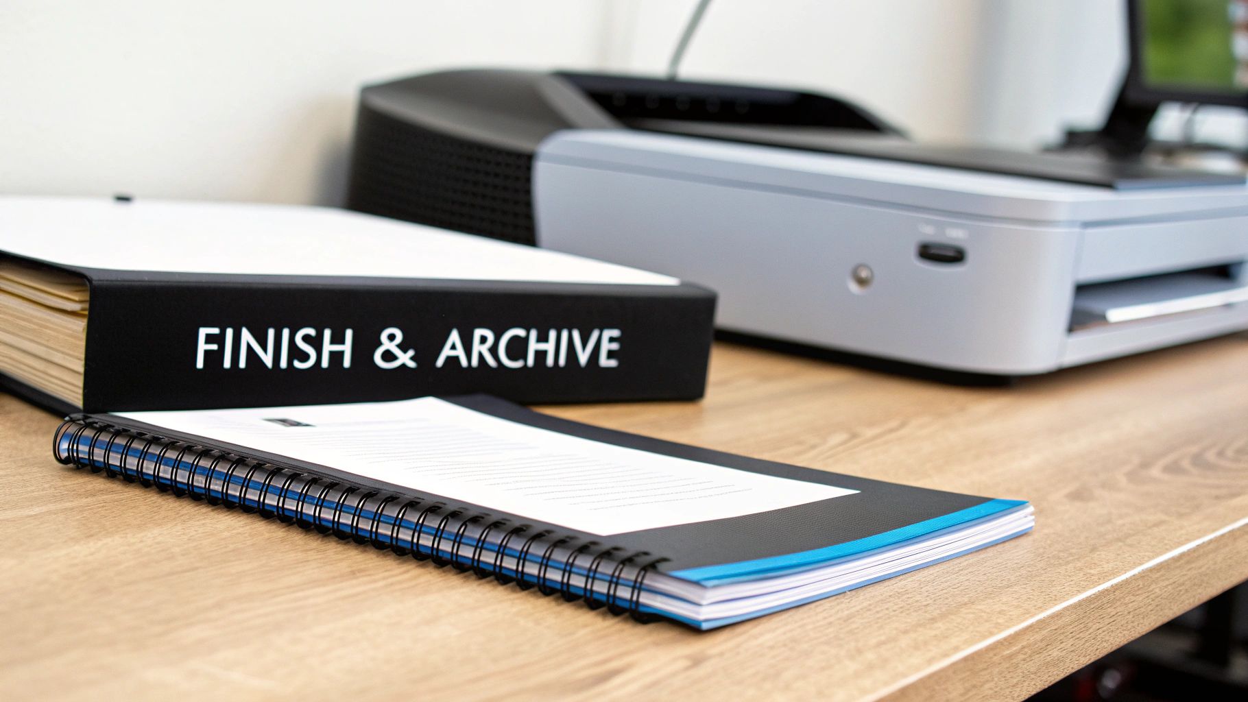 Office desk with a 'FINISH & ARCHIVE' binder, a spiral-bound notebook, and a printer.