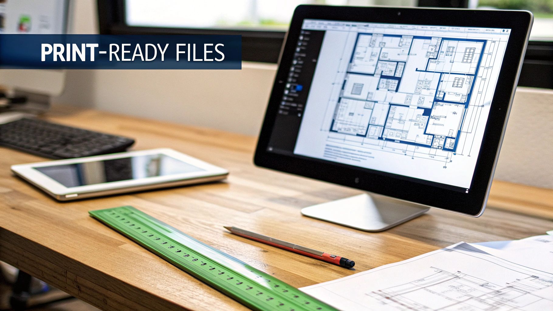 Architect's desk with computer showing blueprints, a tablet, drafting ruler, pencil, and printed plans.