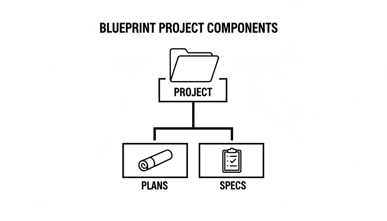 A diagram illustrates blueprint project components, showing a project folder branching into plans and specs.