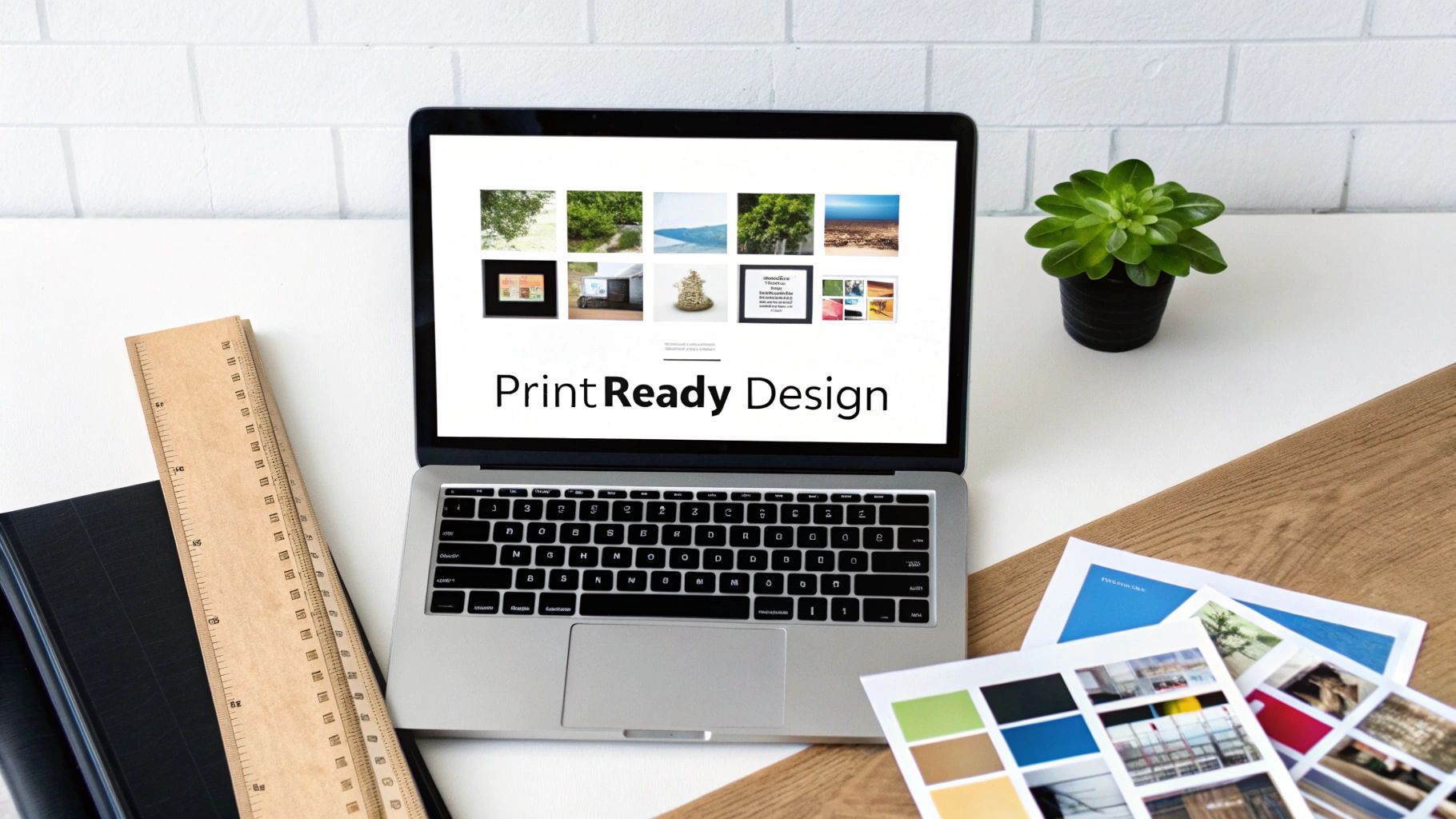A laptop on a white desk displays 'Print Ready Design' surrounded by a ruler, notebook, plant, and printed design samples.