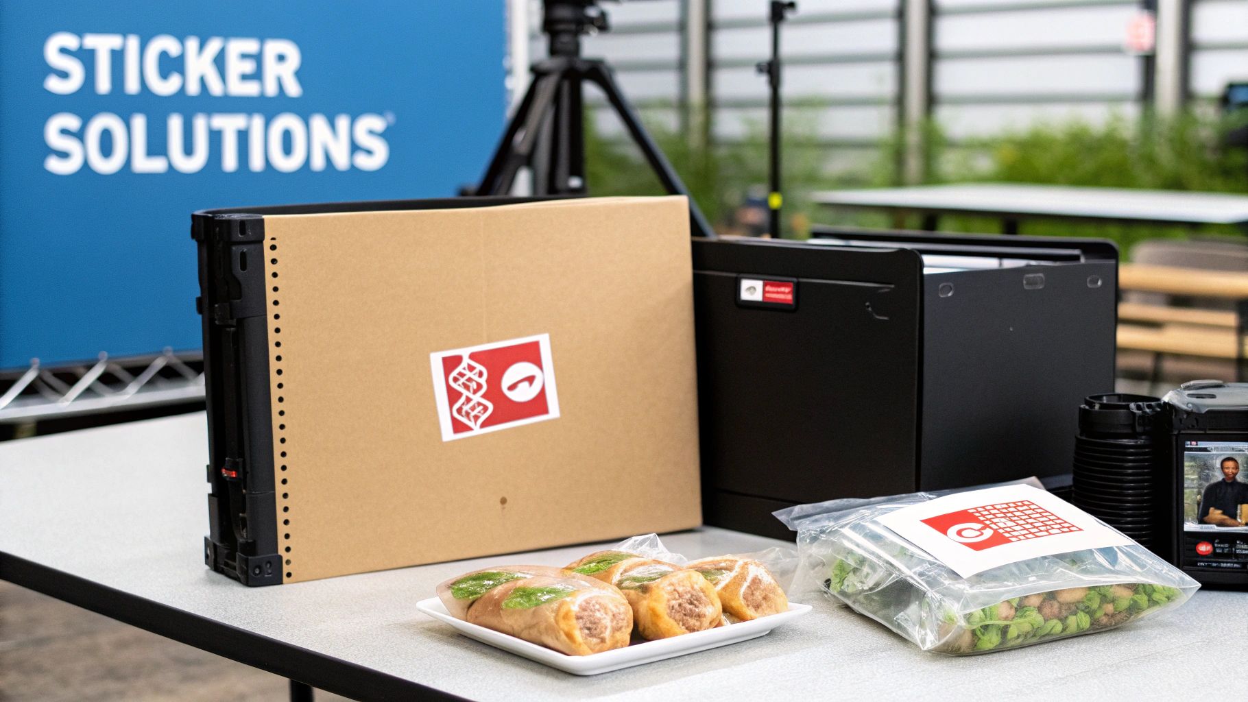 Custom stickers and labeled packaging for food items and products displayed on a table.