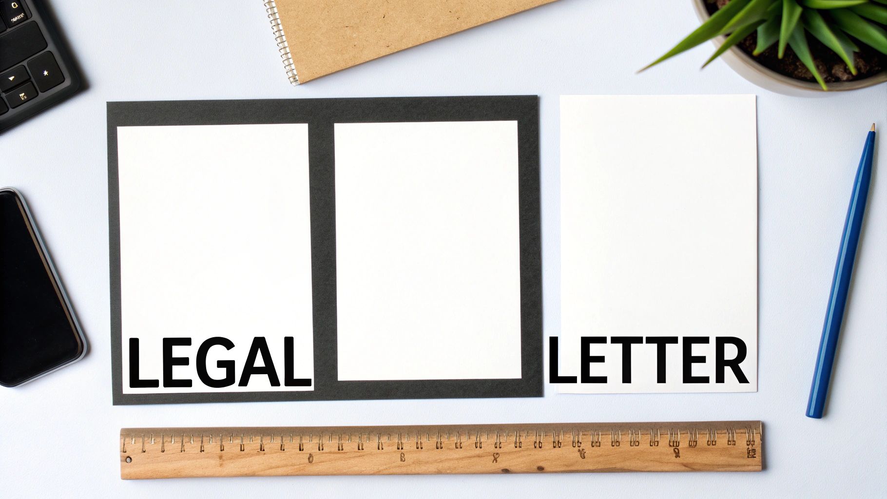 Flat lay of a desk with legal and letter size papers, ruler, and various office supplies.
