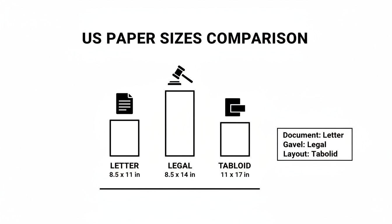 Comparison of US paper sizes: Letter (8.5x11 in), Legal (8.5x14 in), and Tabloid (11x17 in).