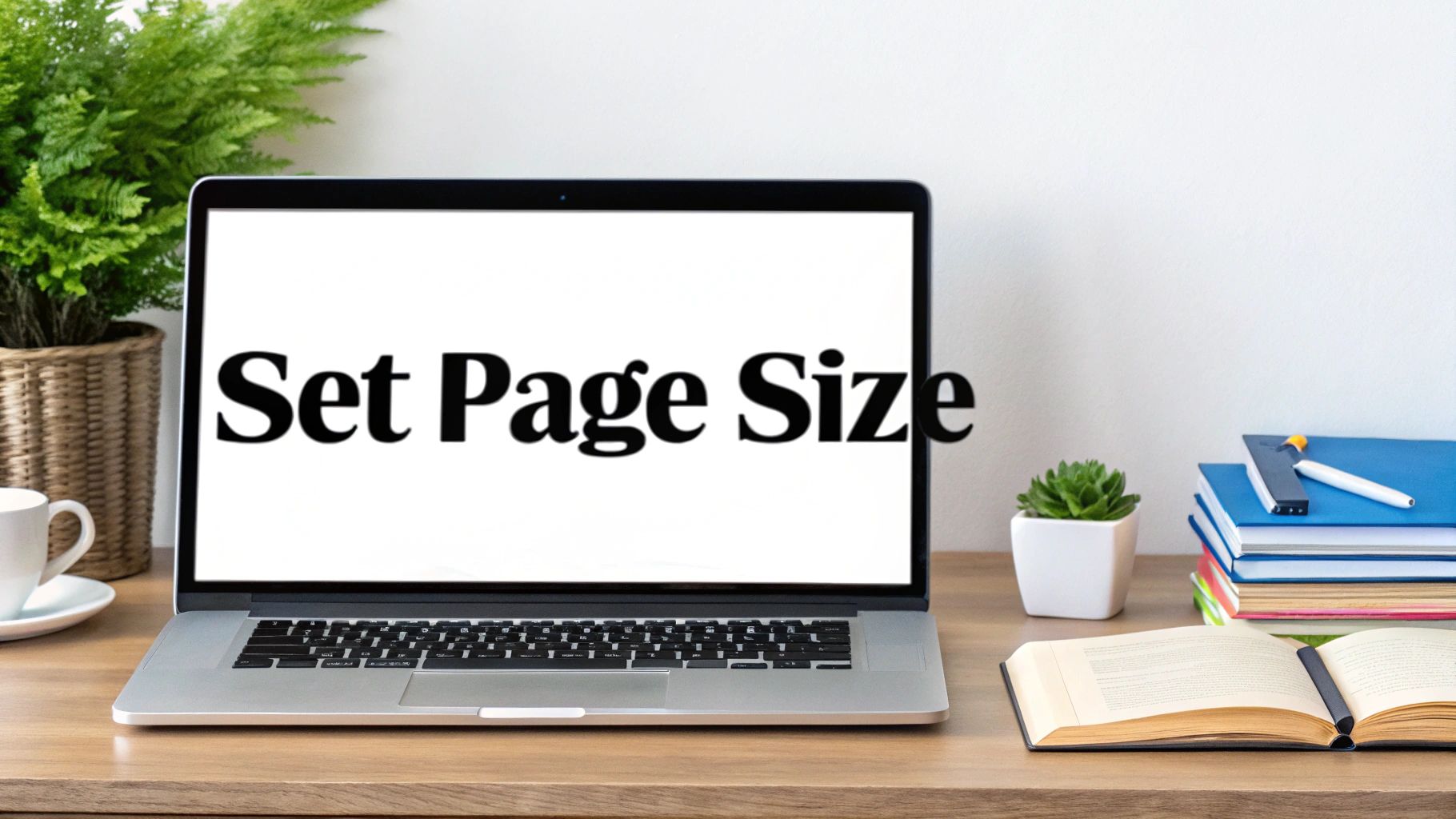 A laptop on a wooden desk displays 'Set Page Size' on its screen, surrounded by plants and books.