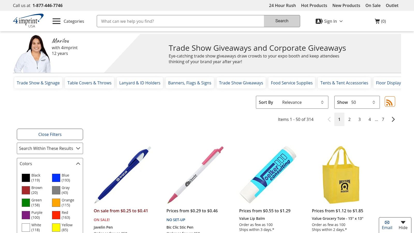 A collage of branded trade show giveaway items from 4imprint, including tote bags, pens, and drinkware.