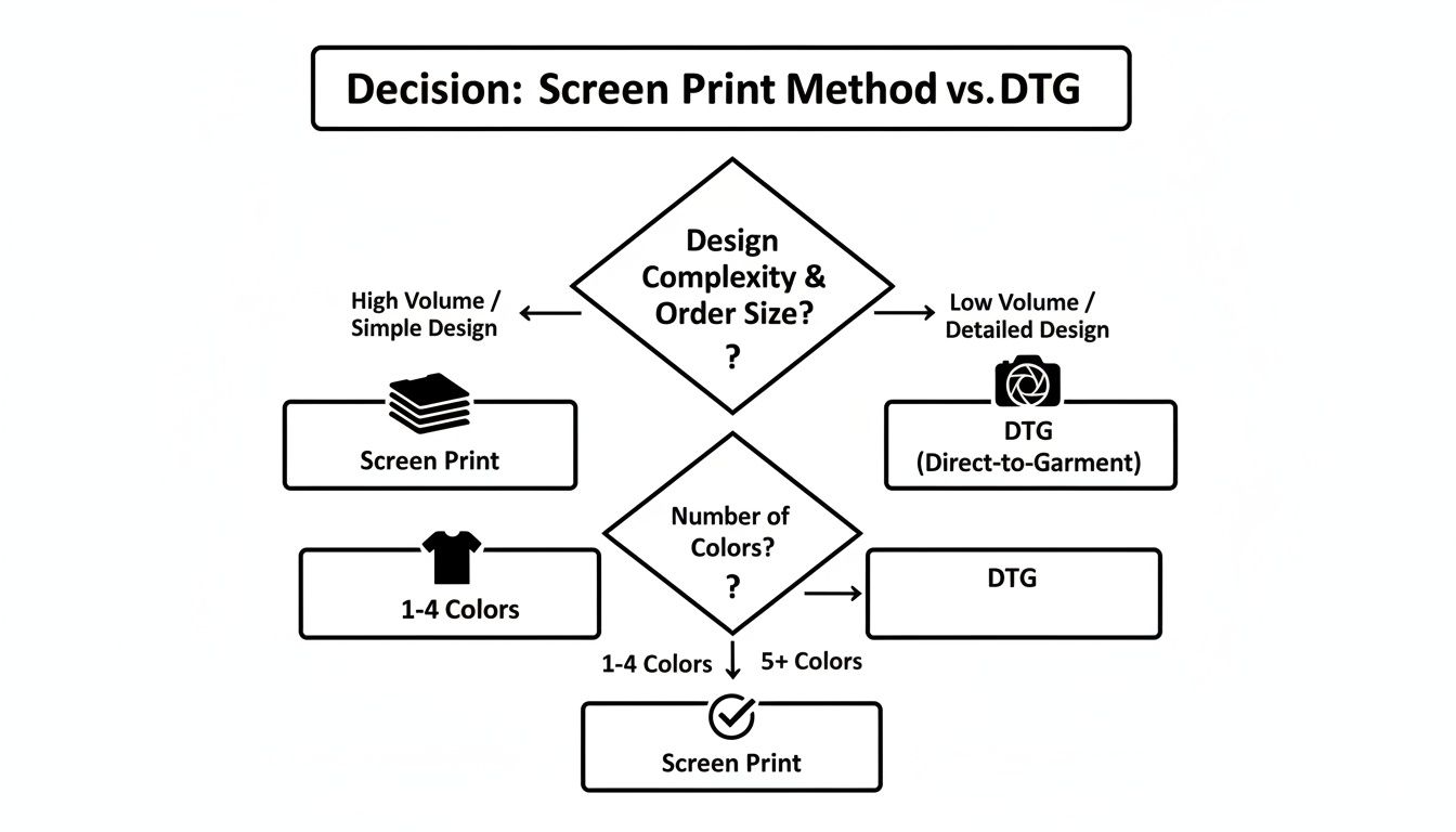 Flowchart comparing screen print method vs direct-to-garment (DTG) based on design complexity, order size, and colors.
