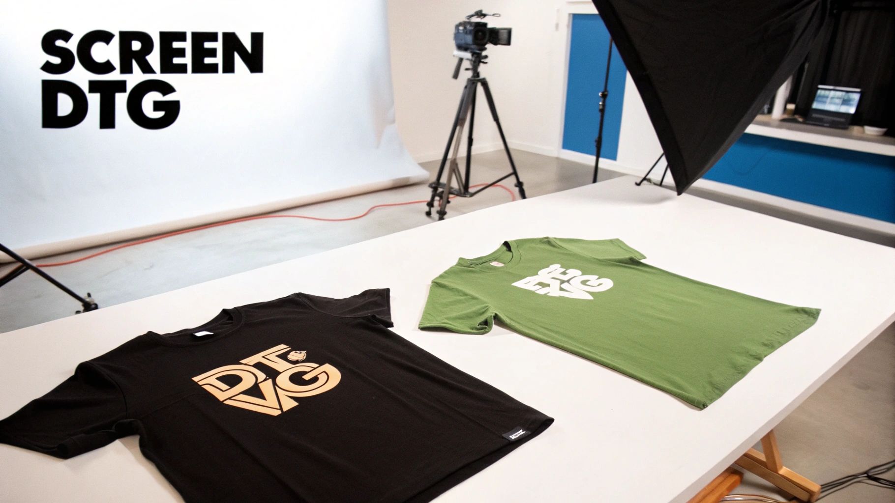 Two custom DTG printed t-shirts, one black and one green, displayed on a table in a photo studio.