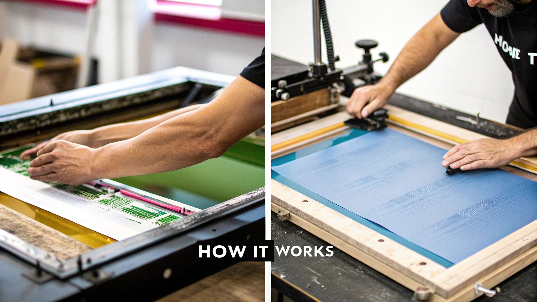 Hands prepare a screen printing frame with a green pattern, while another person applies ink to blue paper.