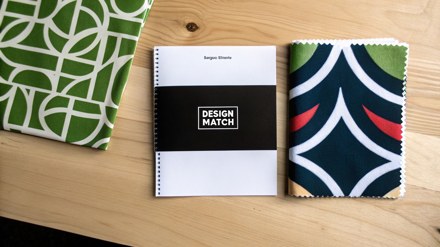 Overhead view of two patterned fabric swatches and a 'DESIGN MATCH' notebook on a wooden desk.