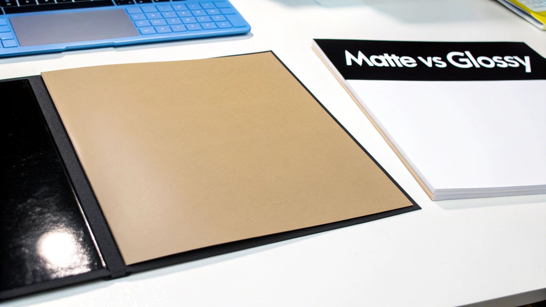 An open black binder with a blank brown sheet next to a 'Matte vs Glossy' paper stack.