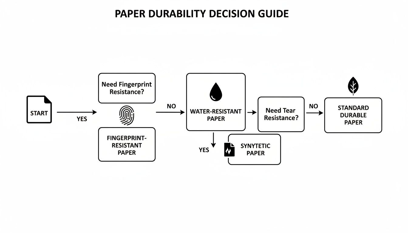 Decision guide flowchart for selecting paper types based on durability, including fingerprint, water, and tear resistance.