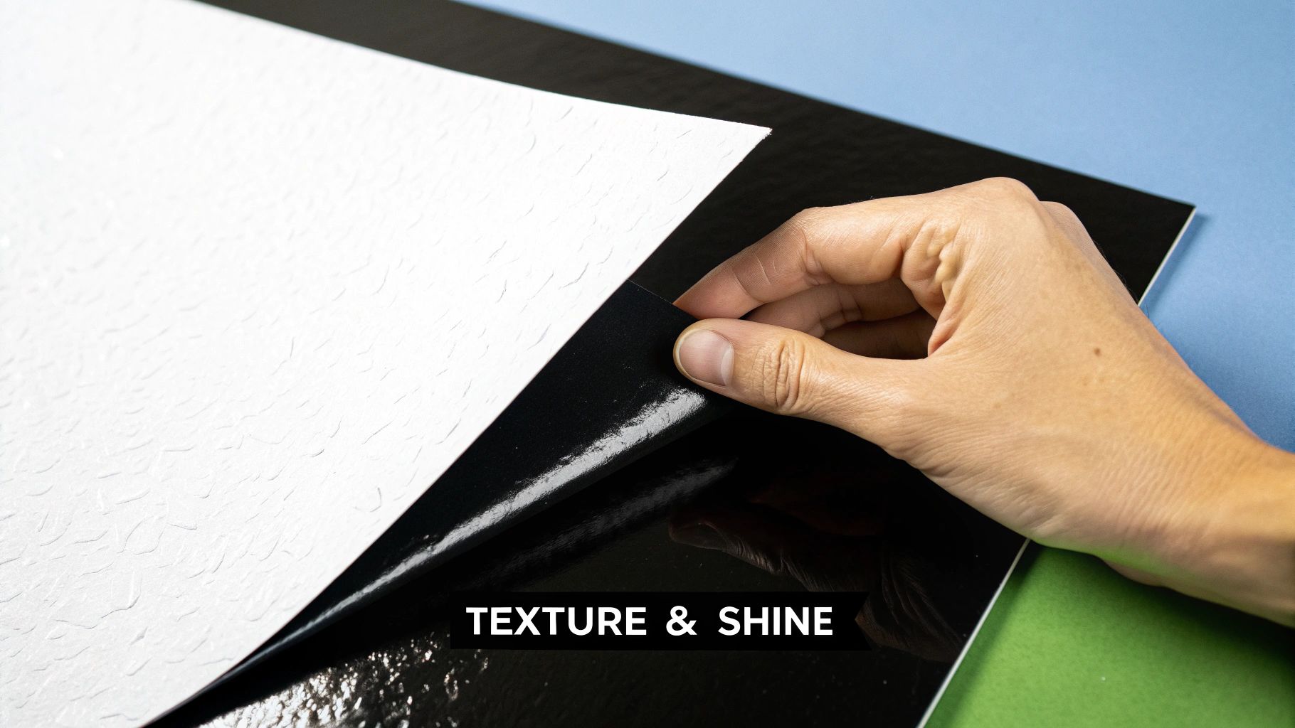 A hand peels back a white textured matte sheet from a shiny black glossy surface, showcasing contrast.