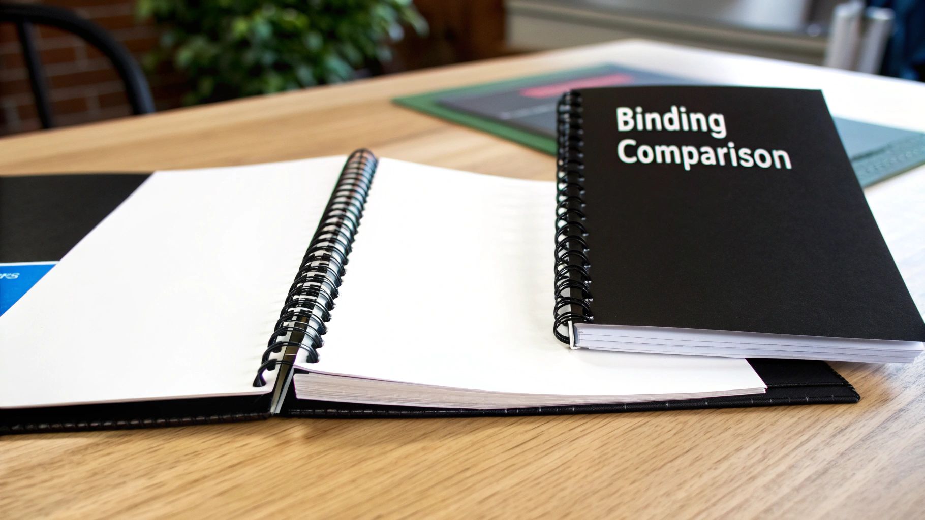 Two spiral-bound booklets on a wooden desk, one with 'Binding Comparison' on its black cover, the other open to blank pages.