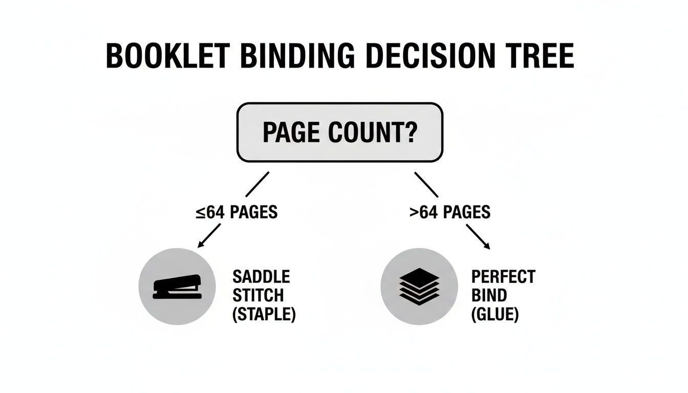 A decision tree illustrating booklet binding options based on page count for saddle stitch or perfect bind.