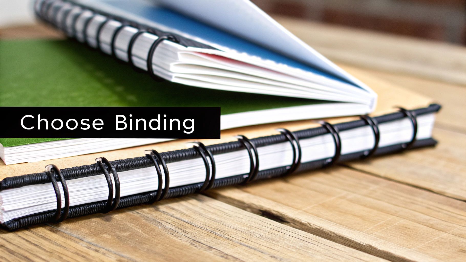 Close-up of spiral-bound notebooks on a wooden surface, highlighting different binding options with text 'Choose Binding'.