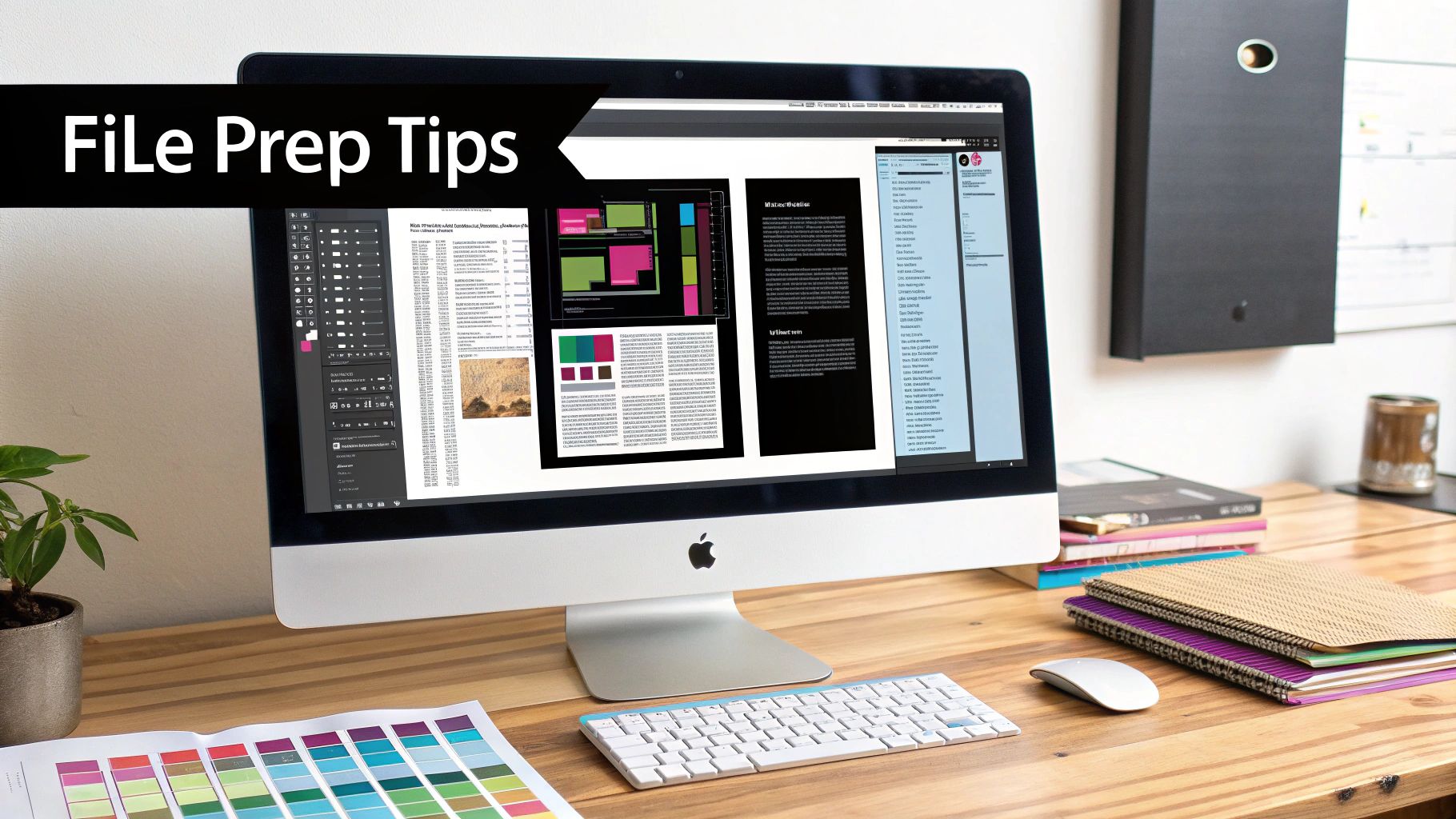 A designer's desk with an iMac displaying design software, a color guide, keyboard, and mouse.