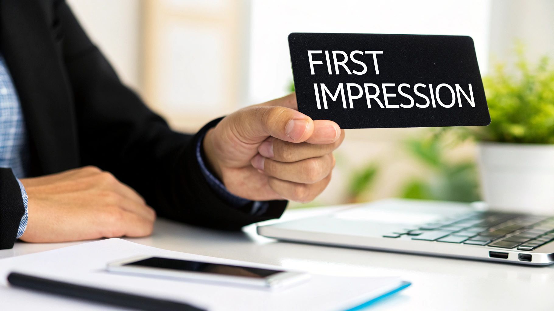 Close-up of a hand holding a 'FIRST IMPRESSION' card, with a business workspace.