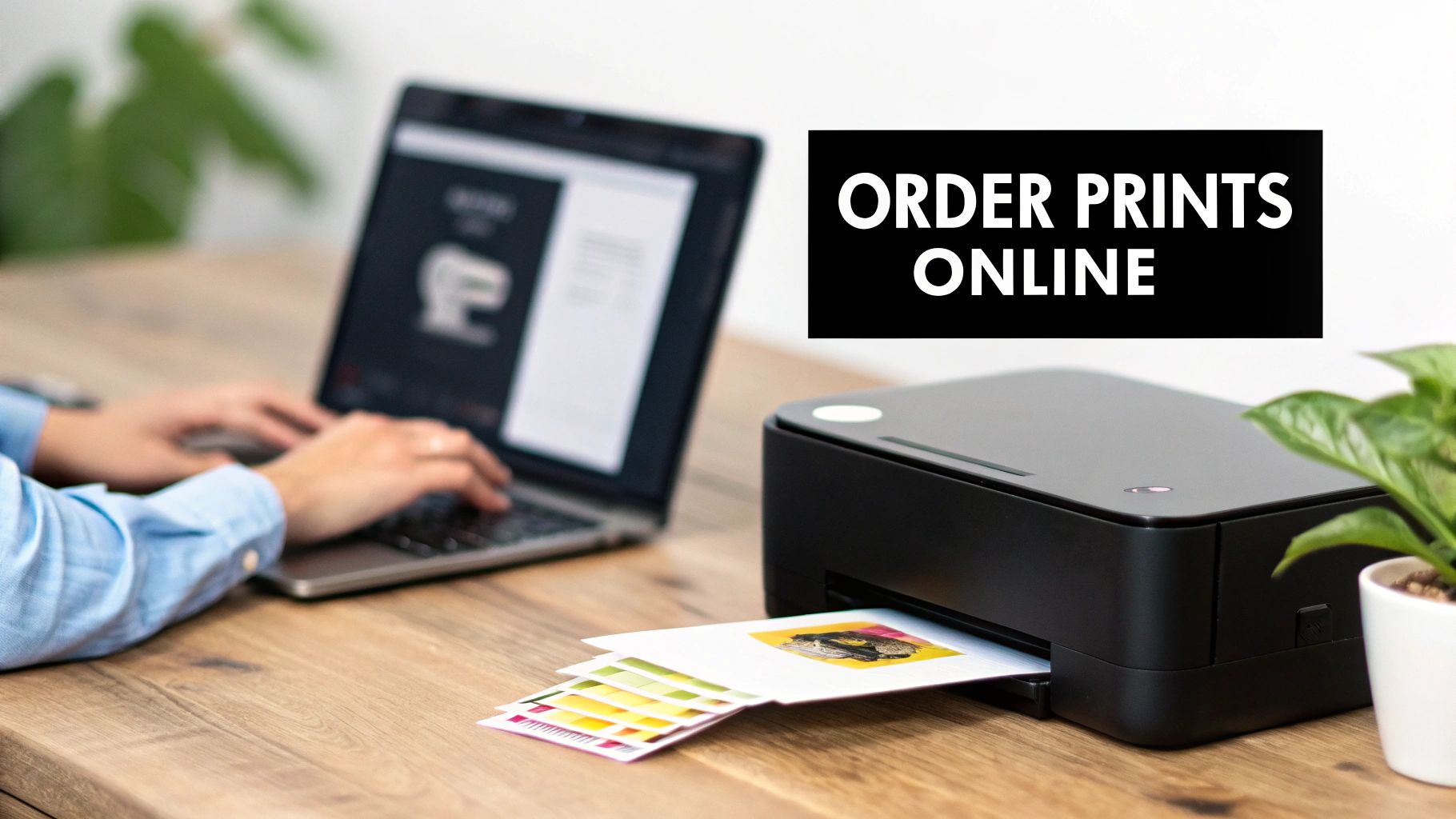 A person orders prints online using a laptop, with a printer producing colorful photos on a wooden desk.