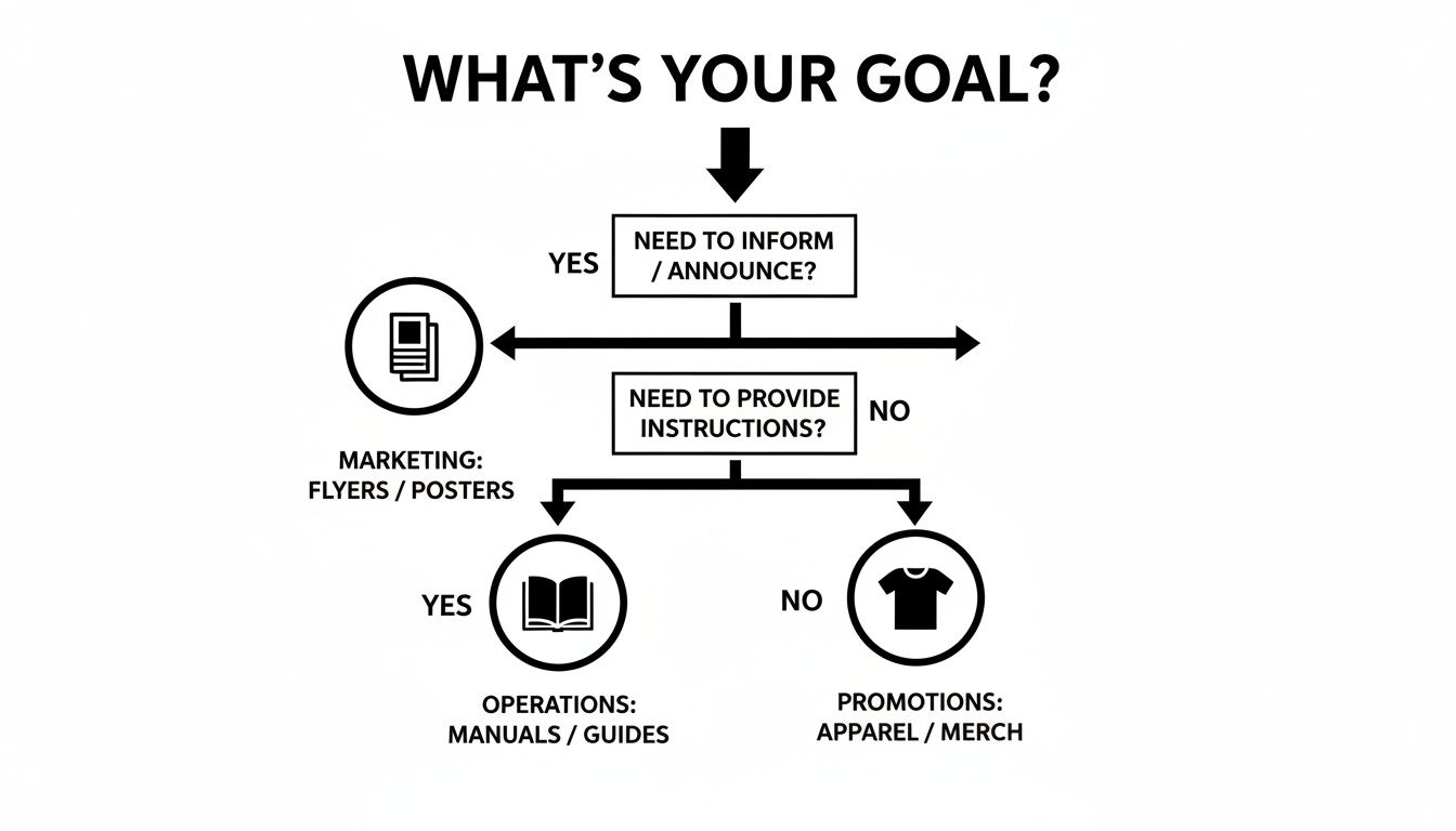 A flowchart guides users to print solutions like marketing flyers, operations manuals, or promotional apparel based on their communication goal.