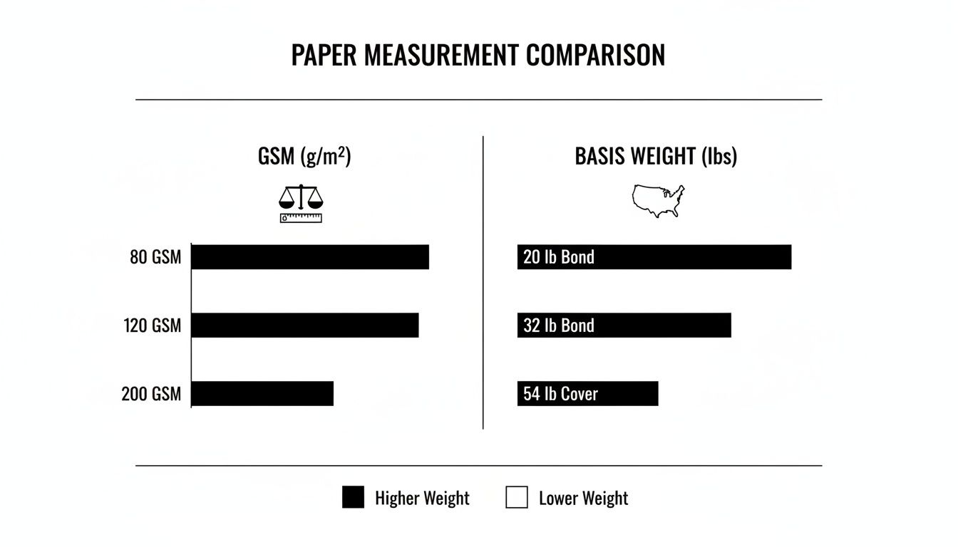 A comparison chart showing equivalent paper weights in GSM (g/m²) and Basis Weight (lbs) systems.