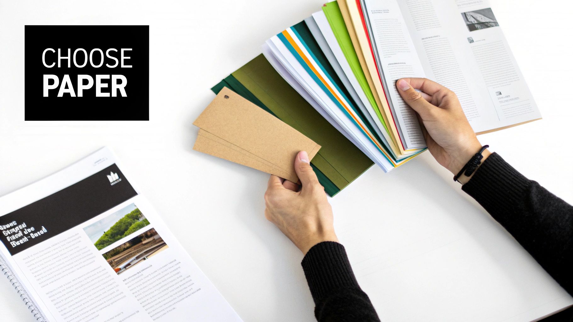 Hands selecting various paper stock samples, including colorful pages and kraft cards, for a design project.