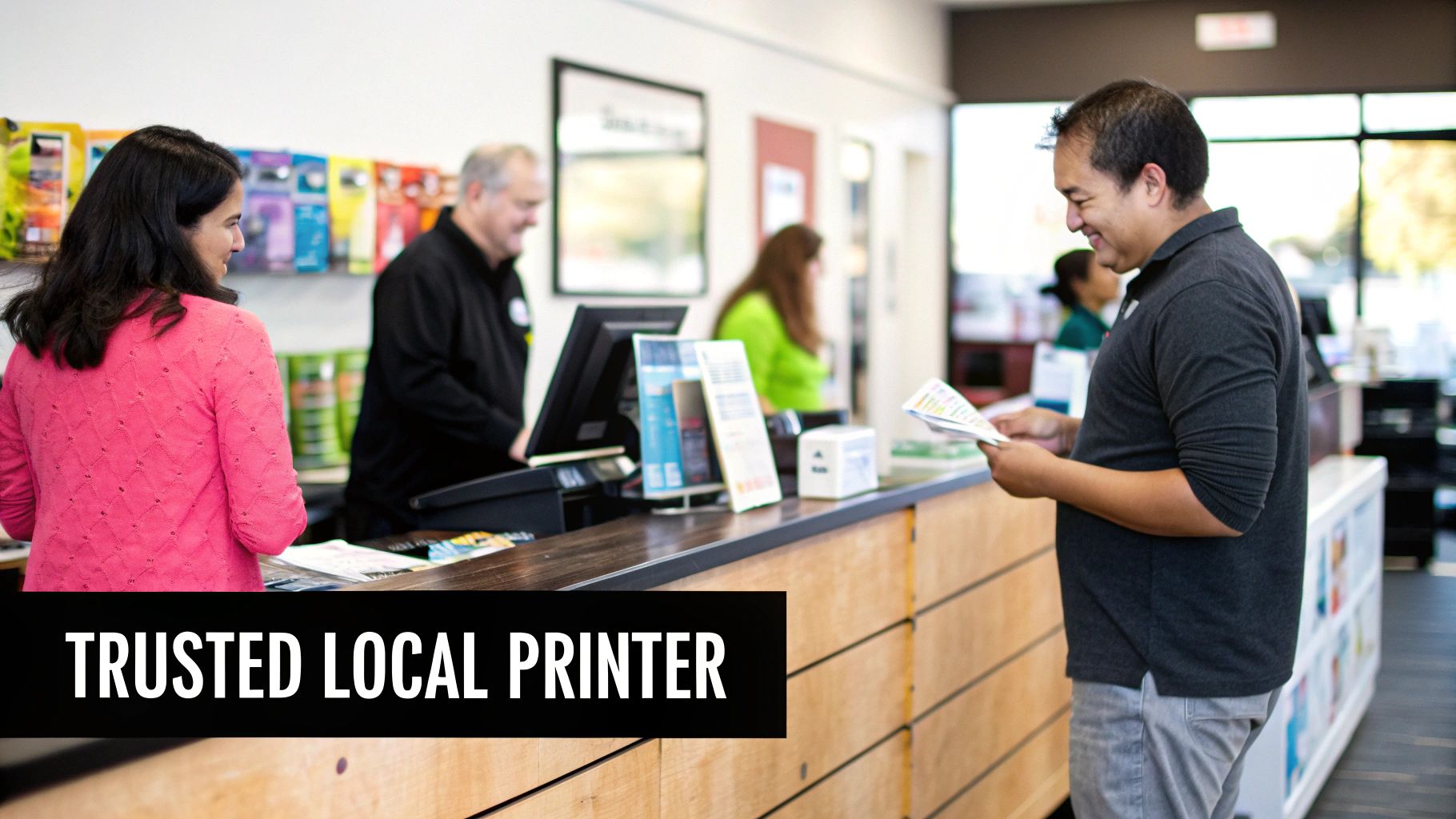 Customers and staff interacting at a trusted local print shop, discussing printing services and samples.