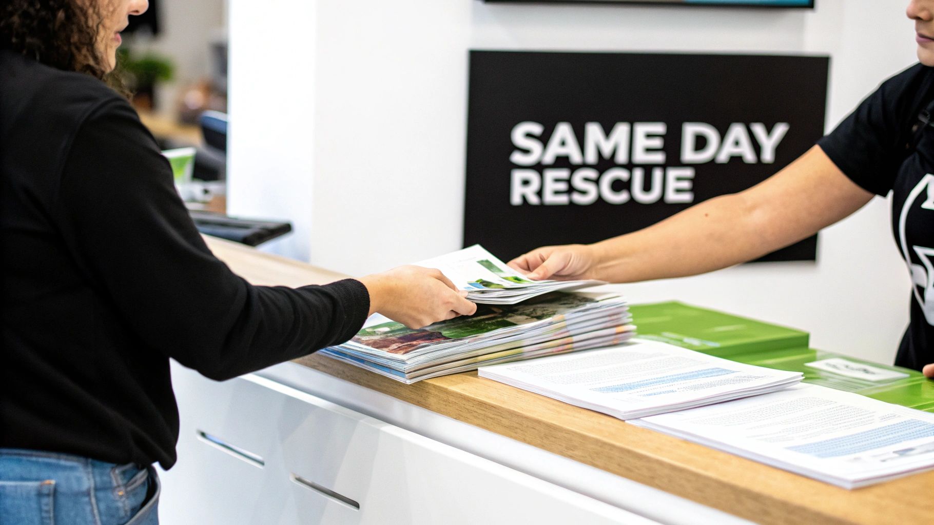 Hands exchanging brochures and documents at a counter, with a 'SAME DAY RESCUE' sign in the background.