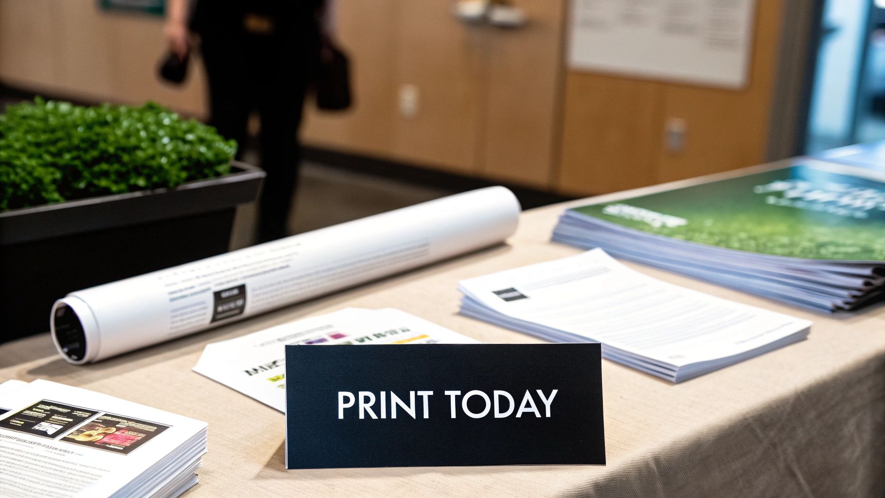 A table featuring a 'PRINT TODAY' sign, rolled posters, and stacked brochures for printing services.