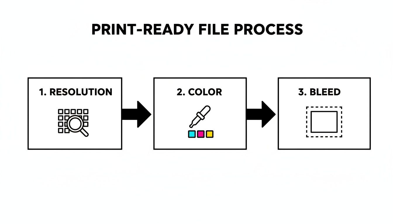A print-ready file process flowchart illustrating three steps: resolution, color, and bleed.