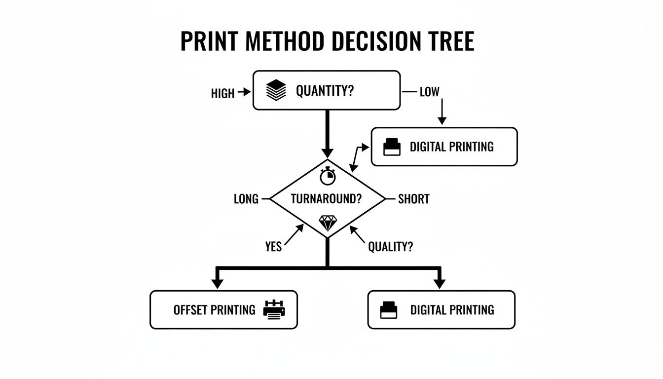 A print method decision tree flowchart comparing digital and offset printing based on quantity, turnaround, and quality.