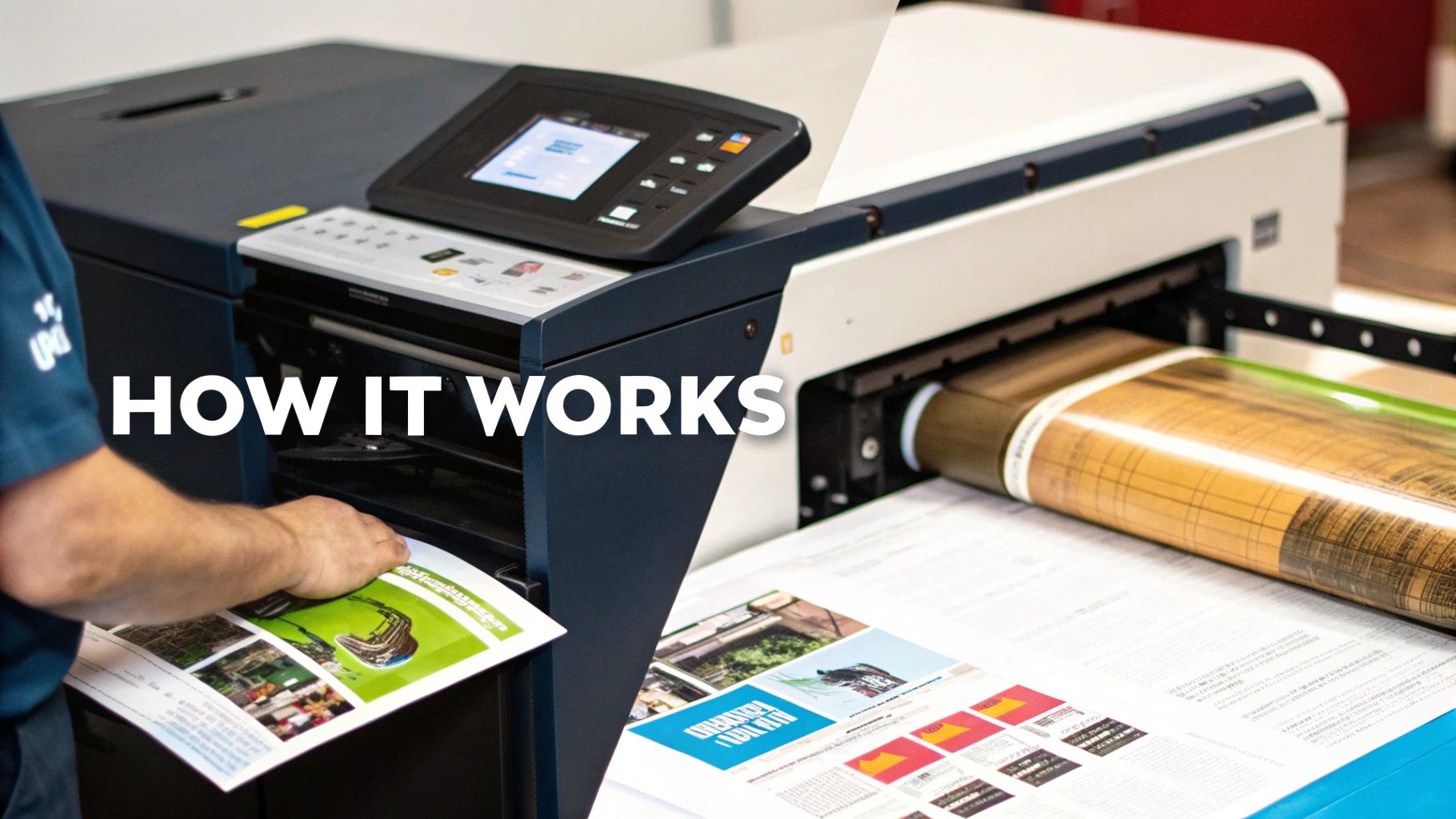 Close-up of modern printing machines, one handling a sheet, another with a large roll being printed.