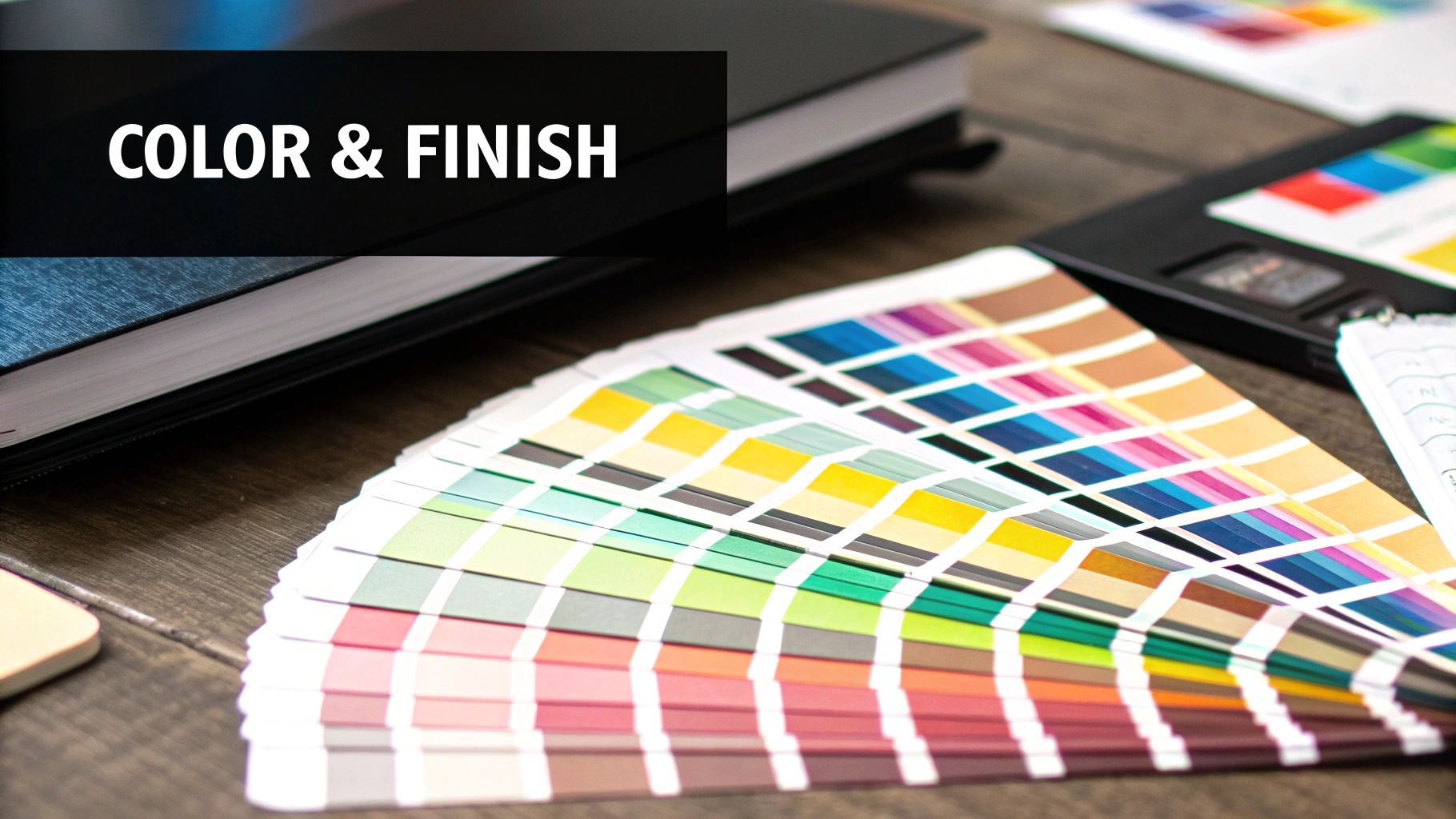 Close-up of a color swatch fan and design books, representing color and finish options.